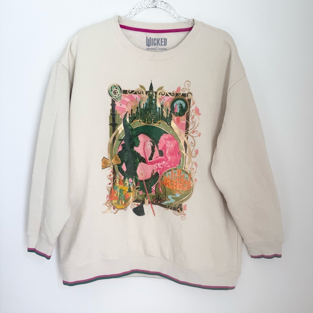 Universal Studio Wicked Elphaba Glinda Crew Neck Cream Pullover Sweater Sz XL